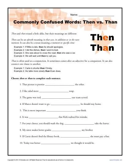 Then vs. Than - Commonly Confused Words Worksheet Activity