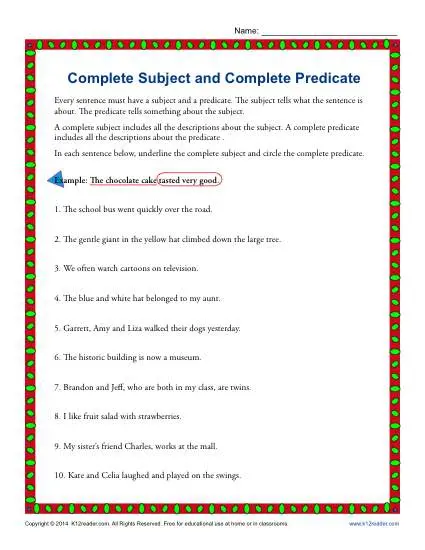 Complete Subject and Complete Predicate Worksheet Practice Activity