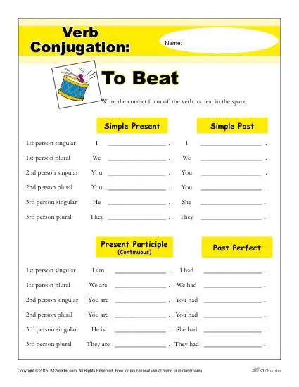 Free, Printable Verb Conjugation Worksheet - To Beat