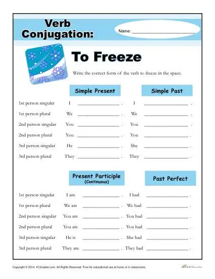 Printable Verb Conjugation Worksheet - To Freeze