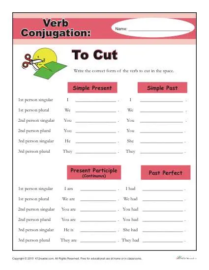 Printable Verb Conjugation Worksheet - To Cut