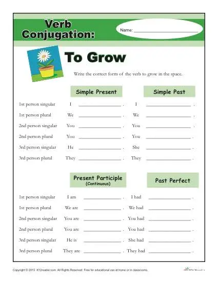 Printable Verb Conjugation Worksheet - To Grow