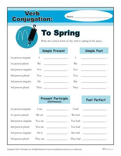 Printable Verb Conjugation Worksheet - To Spring