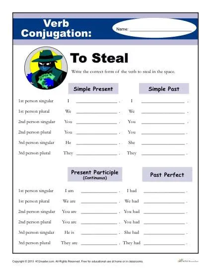 Printable Verb Conjugation Worksheet - To Steal