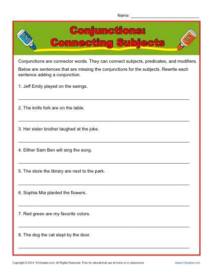 Conjunction Worksheet Activity - Connecting Subjects