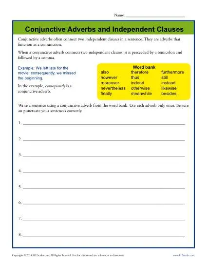 Conjunctive Adverbs and Independent Clauses Worksheet Activity