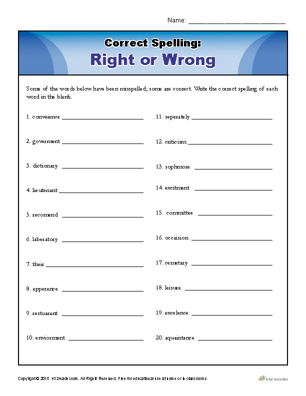 Spelling Worksheet - Choose Whether the Word is Spelled Right or Wrong