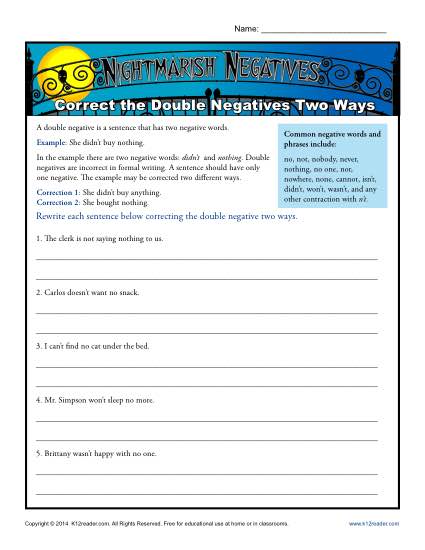 Double Negatives Worksheet