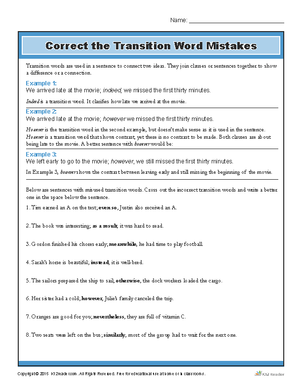 Transition Words Worksheet - Correct the Mistakes