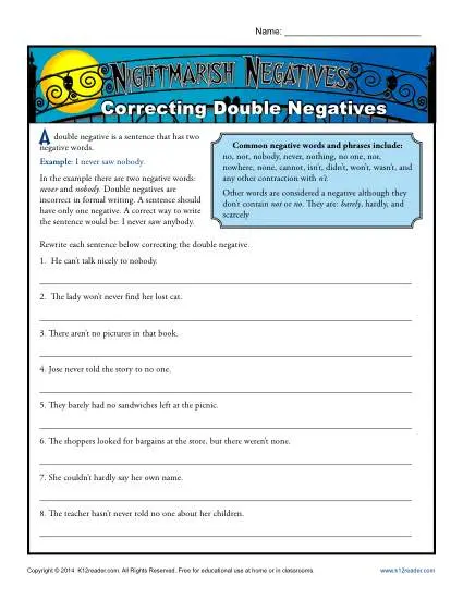 Correcting Double Negatives Worksheet Activity