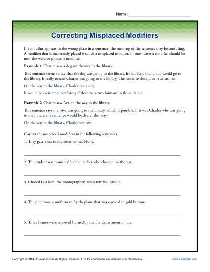 Correcting Misplaced Modifiers | Word Usage Worksheet