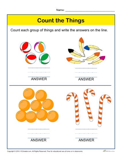 Preschool Counting Worksheet - Count each group of things and write the answers