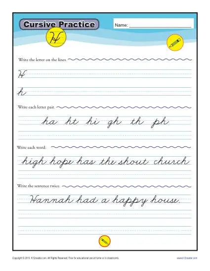 cursive h letter h worksheets for handwriting practice