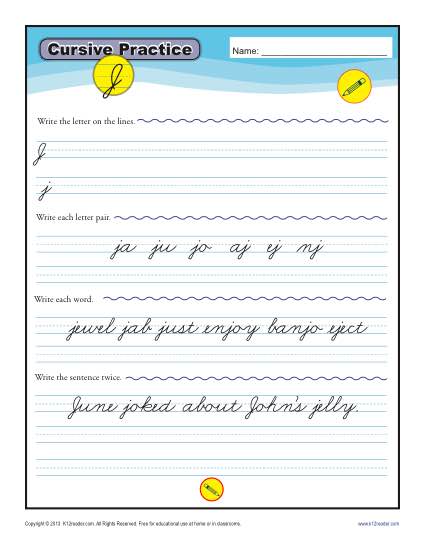 Cursive J - Letter J Worksheets for Handwriting Practice