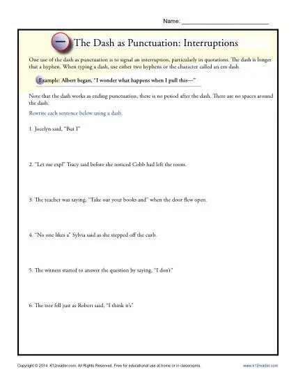 Puntuation Practice Activity - The Dash - Interruptions