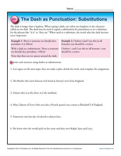 Punctuation Practice Worksheet - The Dash