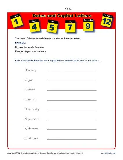 Dates and Capital Letters Worksheet Practice Activity