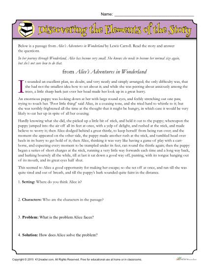 Story Elements Worksheet - Discovering the Elements of Alice's Adventures in Wonderland