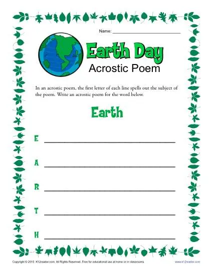 Earth Day Acrostic Poem Activity