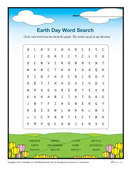 Printable Earth Day Word Search Activity