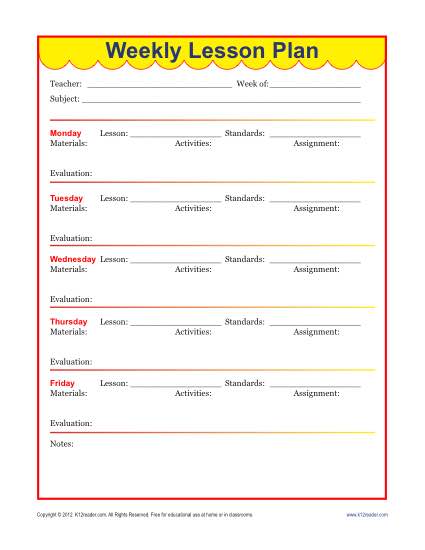 Weekly Lesson Plan Template for Elementary School