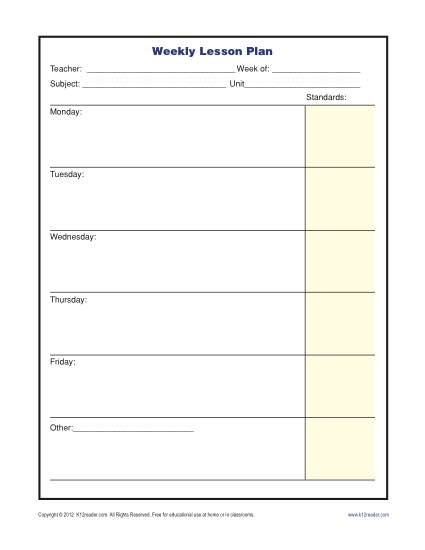 Printable Weekly Lesson Plan Template from www.k12reader.com