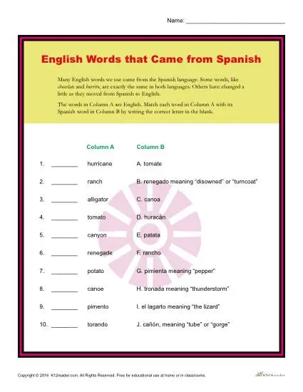 English Words that came from Spanish - Printable Activity