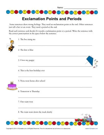 Ending Punctuation Practice Worksheet - Exclamation Points and Periods