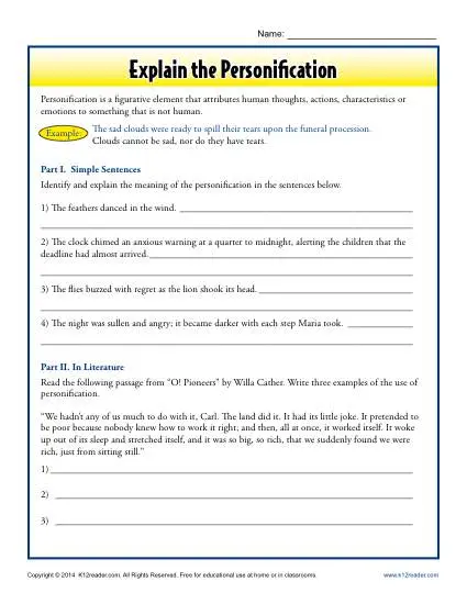 Explain the Personification - Free, Printable Worksheet Lesson Activity