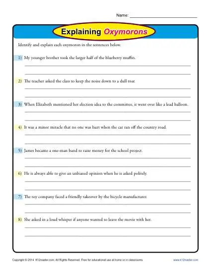 Explaining Oxymorons | Oxymoron Worksheets