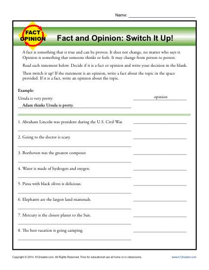 Switch It Up! | Fact and Opinion Worksheets for 3rd and 4th Grade