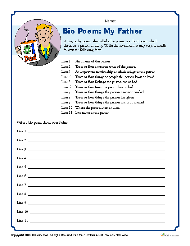 Printable Father's Day Bio Poem Worksheet Activity