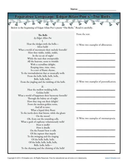 Figurative Language Printable Worksheet Activity - Edgar Allan Poe's The Bells