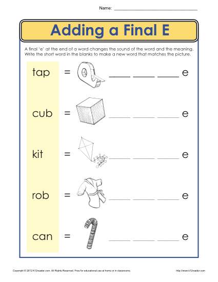 Ending Letter E Worksheet | Phonics Worksheets