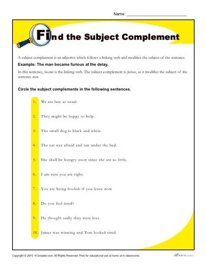 Find the Subject Complement - Printable Reading Worksheet