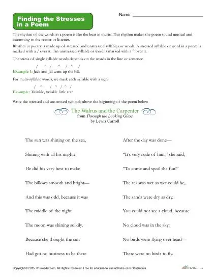 Poetry Worksheet Activity - Finding the Stresses in a Poem