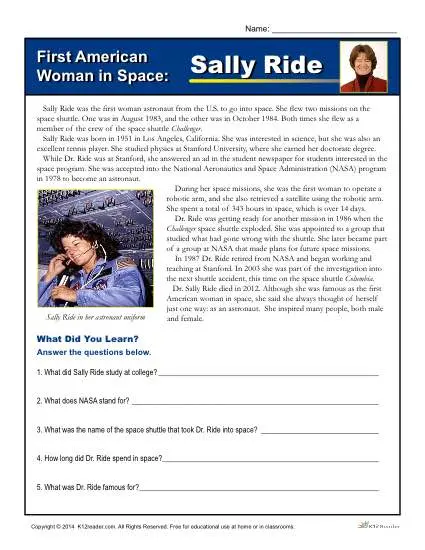 Printable Reading Worksheet - First American Woman in Space