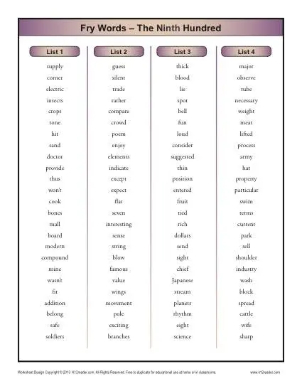 Fry Word List Ninth 100 | Printable Sight Word Lists