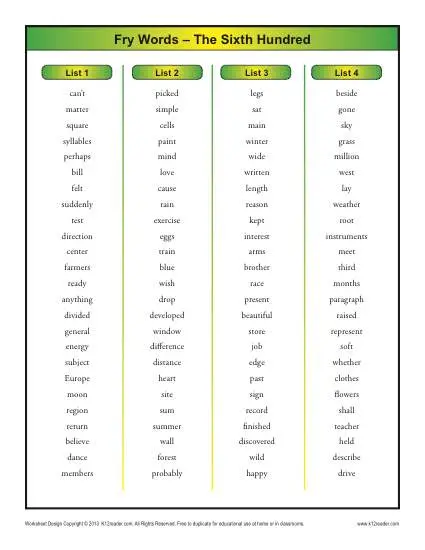 Sight Words List - Free, Printable Fry Word List - Sixth 100