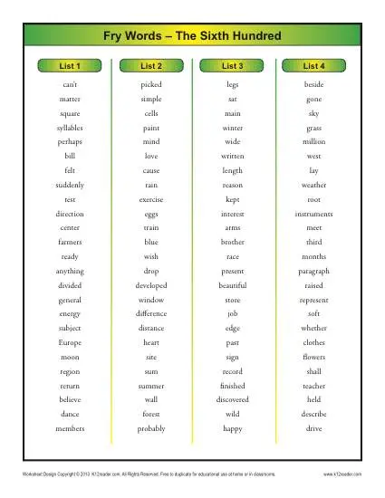 Fry 1000 Sight Word List Printable