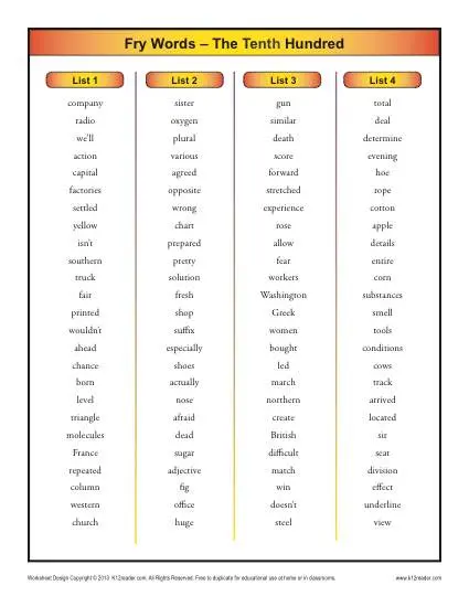 Sight Words List - Free, Printable Fry Word List - Tenth 100