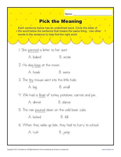 Printable First Grade Context Clues Worksheet - Pick the Meaning