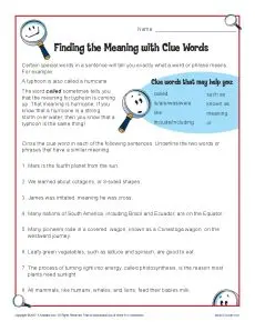 Finding the Meaning with Clue Words - Context Clues Worksheet