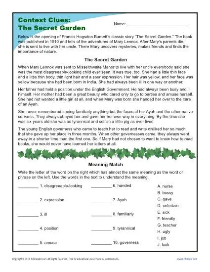 4th and 5th Grade Context Clues Worksheet - The Secret Garden