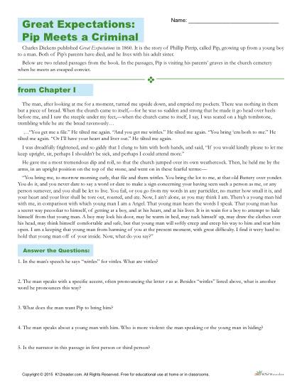 Great Expectations Reading Comprehension Worksheet