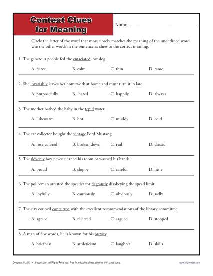 Context Clues for Meaning | High School Worksheets