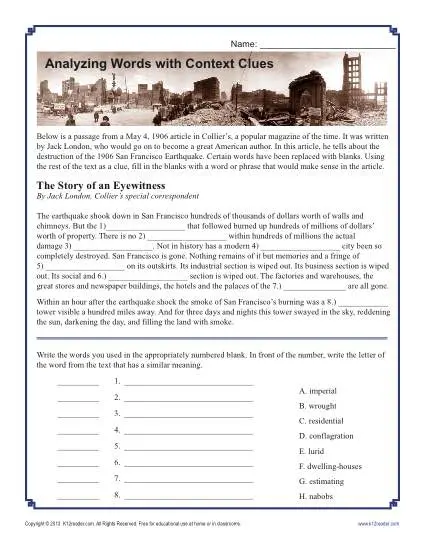 Middle School Context Clues Worksheet Activity