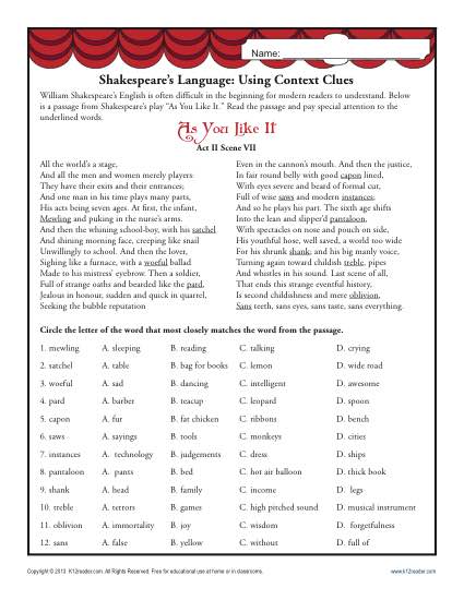 Shakespeare's Language: Using Context Clues | Middle School Worksheets