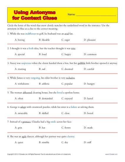 Using Antonyms For Context Clues Middle School Worksheets