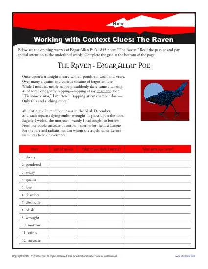 Middle School Context Clues Worksheet Activity - The Raven